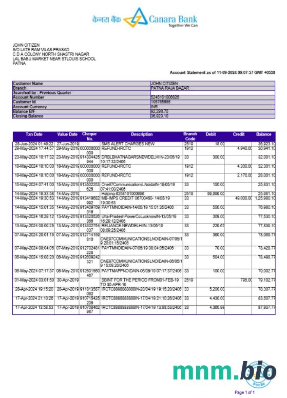 Szablon wyciągu bankowego w Indiach BHARATPE, format Word i PDF